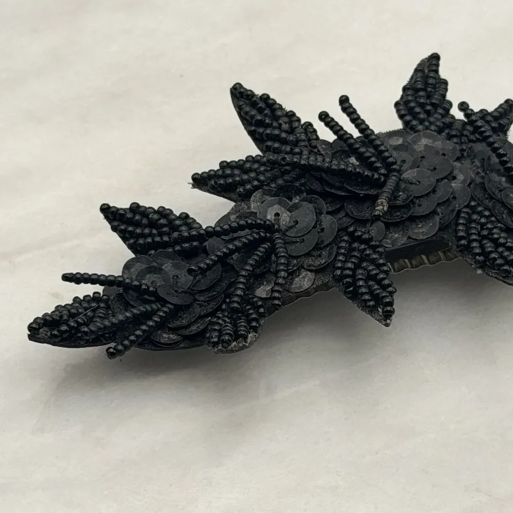 Vintage Black Beaded Sequin Hair Barrette Large 6
